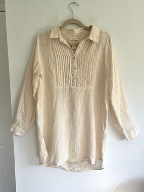 Cynthia Rowley 100% Linen Cream Yellow Striped Pintuck Button-Front Tunic Small